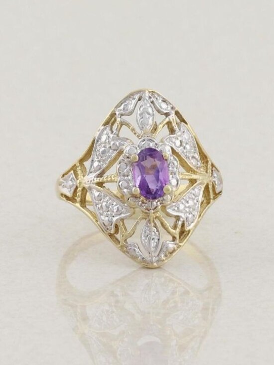 Jewelry - 10k Yellow Gold & White Gold Natural Amethyst Ring Filigree Flower Size 7